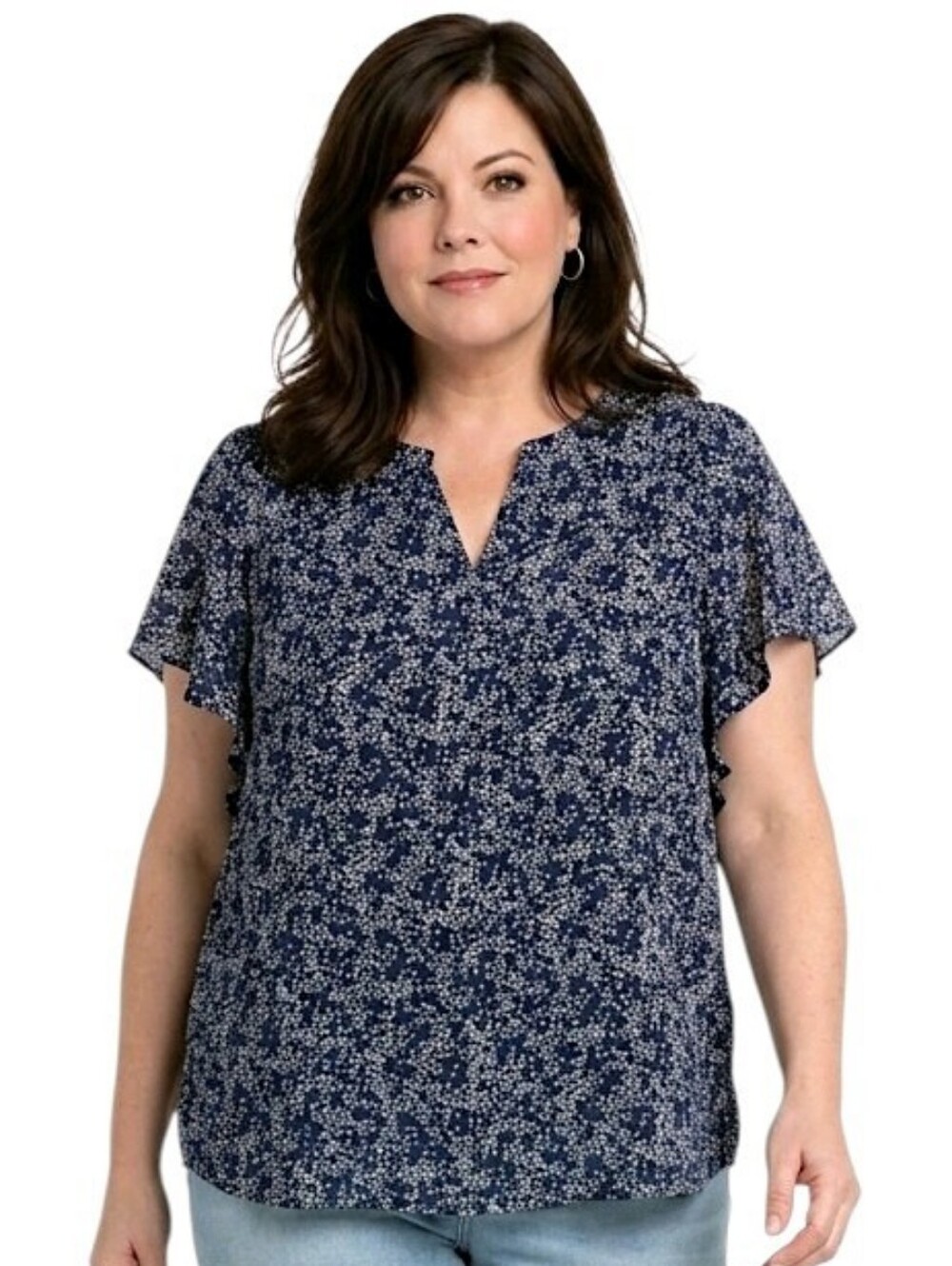 Maurices Navy Blue Ditsy Floral Print Split V-Neck Flutter Sleeve Blouse Size 3X